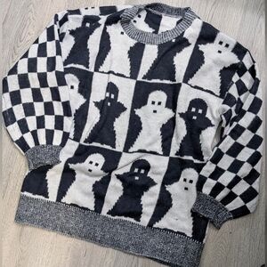 Ghost Checkerboard Sweater Black White Spooky Knit Goth Halloween Cozy Large